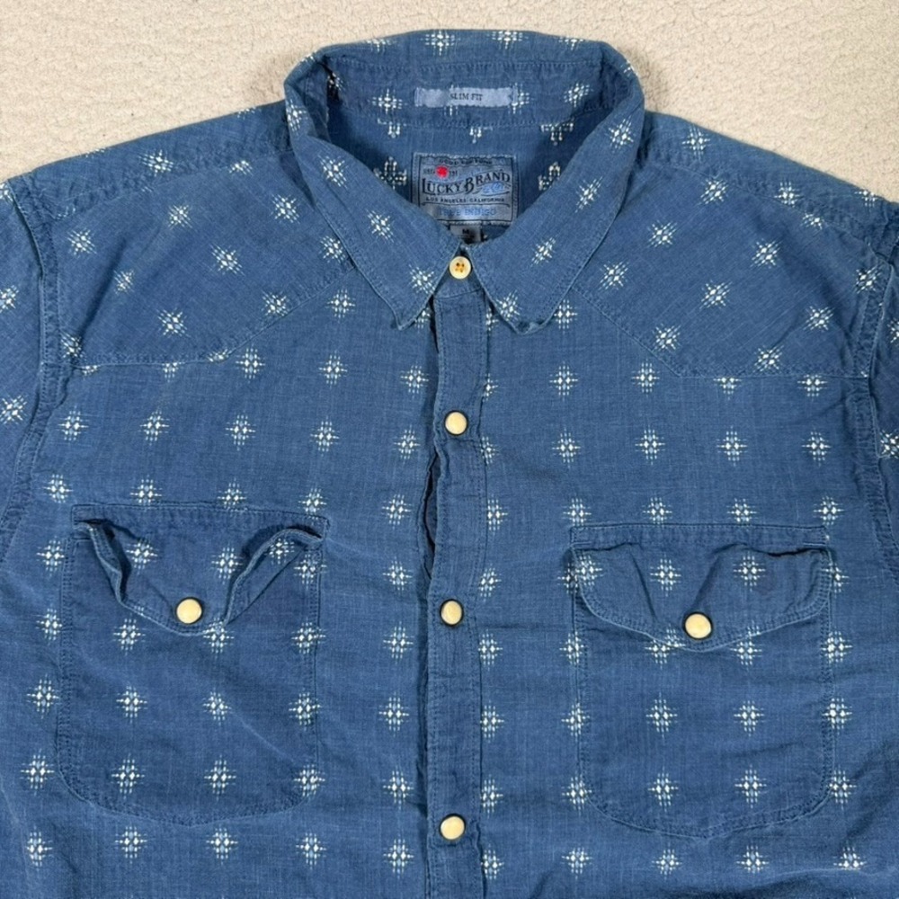 Lucky Brand Shirt Mens Medium Blue Snap Button Up Double Pocket Casual Preppy